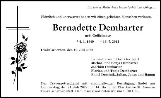 Traueranzeige von Bernadette Demharter von Mittelschwäbische Nachrichten, Augsburger Allgemeine