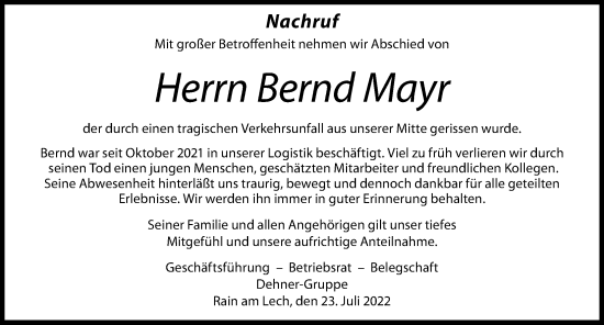 Traueranzeige von Bernd Mayr von Donauwörther Zeitung