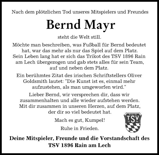 Traueranzeige von Bernd Mayr von Donauwörther Zeitung
