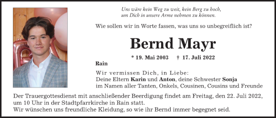 Traueranzeige von Bernd Mayr von Donauwörther Zeitung
