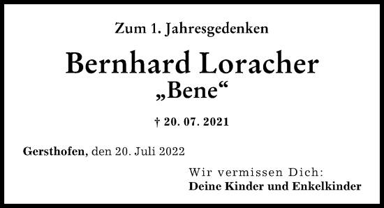 Traueranzeige von Bernhard Loracher von Augsburg-Land
