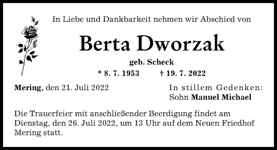 Traueranzeige von Berta Dworzak von Friedberger Allgemeine