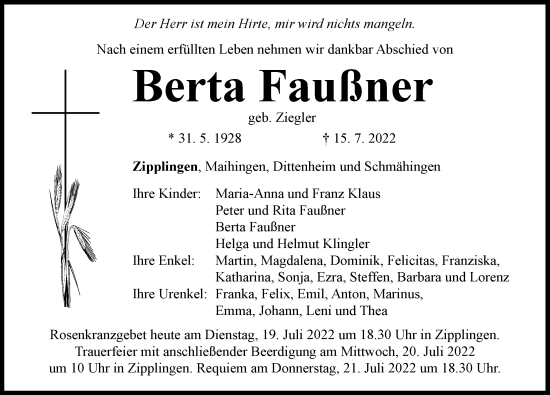 Traueranzeige von Berta Faußner von Rieser Nachrichten