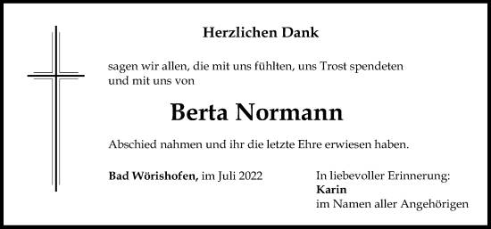 Traueranzeige von Berta Normann von Mindelheimer Zeitung