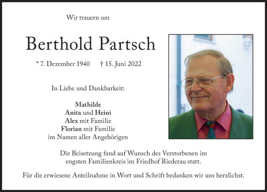 Traueranzeige von Berthold Partsch von Ammersee Kurier
