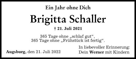 Traueranzeige von Brigitta Schaller von Augsburger Allgemeine