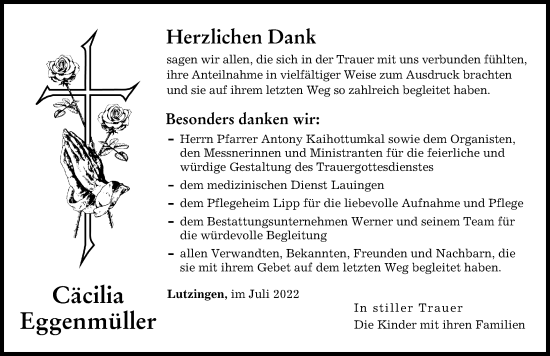 Traueranzeige von Cäcilia Eggenmüller von Donau Zeitung