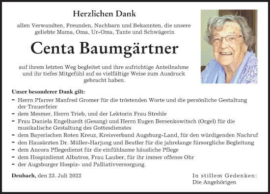 Traueranzeige von Centa Baumgärtner von Augsburger Allgemeine