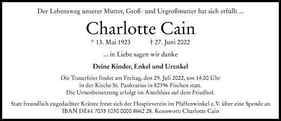 Traueranzeige von Charlotte Cain von Ammersee Kurier