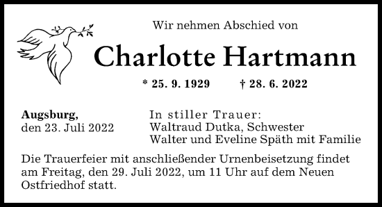 Traueranzeige von Charlotte Hartmann von Augsburger Allgemeine