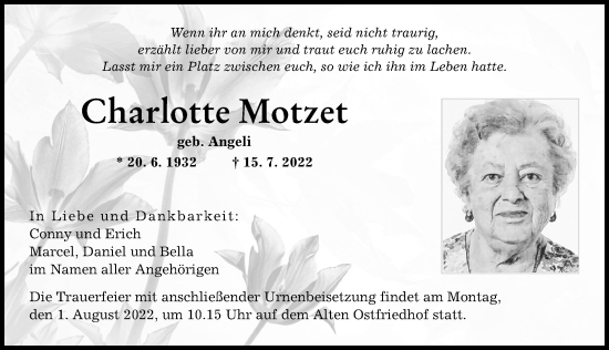 Traueranzeige von Charlotte Motzet von Augsburger Allgemeine