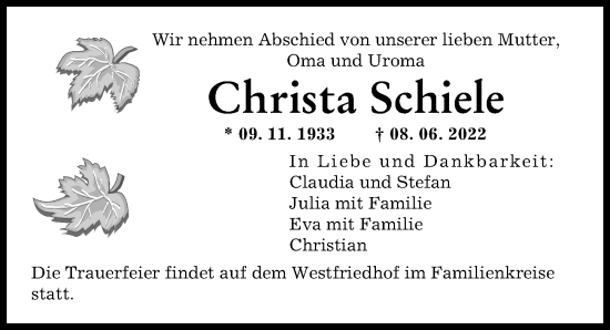Traueranzeige von Christa Schiele von Augsburger Allgemeine