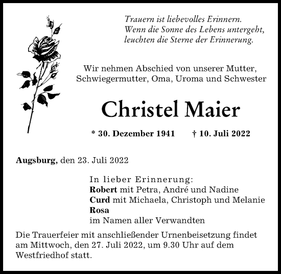 Traueranzeige von Christel Maier von Augsburger Allgemeine