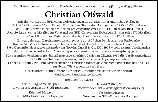 Traueranzeige von Christian Oßwald von Augsburger Allgemeine