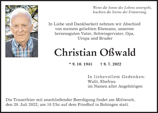 Traueranzeige von Christian Oßwald von Augsburger Allgemeine