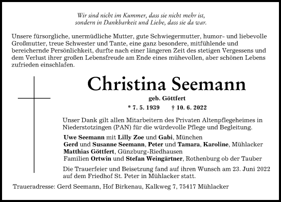 Traueranzeige von Christina Seemann von Günzburger Zeitung