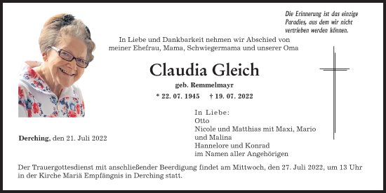 Traueranzeige von Claudia Gleich von Friedberger Allgemeine, Augsburger Allgemeine