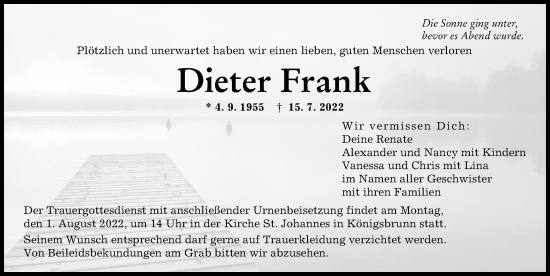 Traueranzeige von Dieter Frank von Augsburger Allgemeine