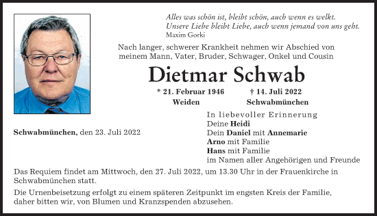 Traueranzeige von Dietmar Schwab von Schwabmünchner Allgemeine