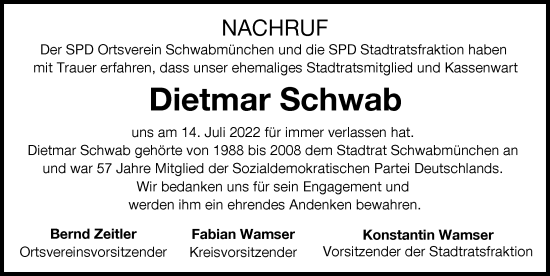 Traueranzeige von Dietmar Schwab von Schwabmünchner Allgemeine