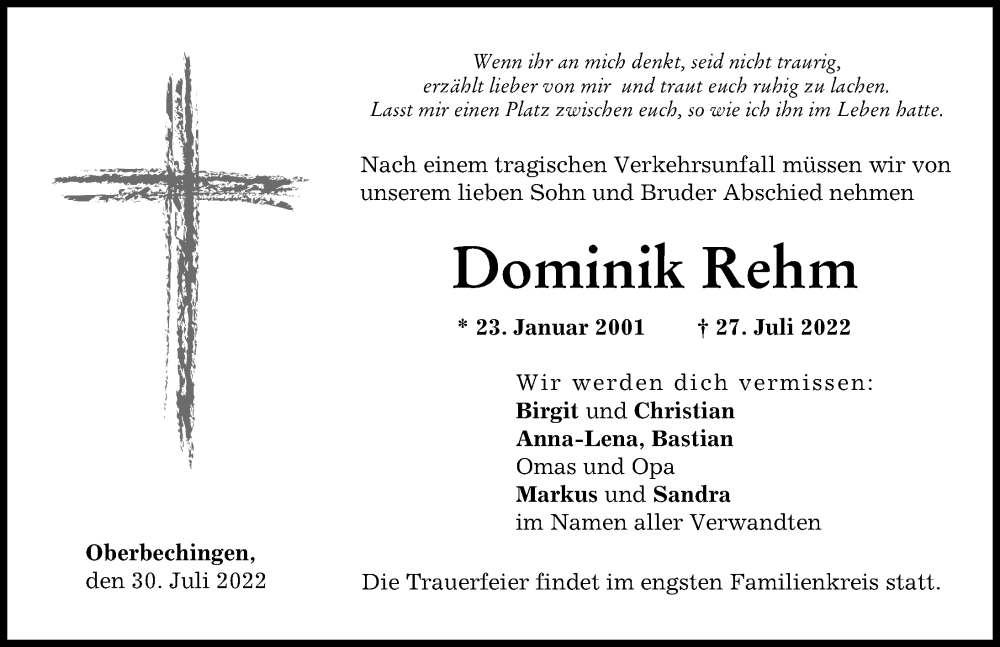  Traueranzeige für Dominik Rehm vom 30.07.2022 aus Donau Zeitung