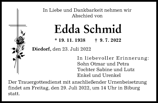Traueranzeige von Edda Schmid von Augsburger Allgemeine