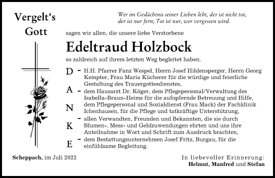 Traueranzeige von Edeltraud Holzbock von Günzburger Zeitung