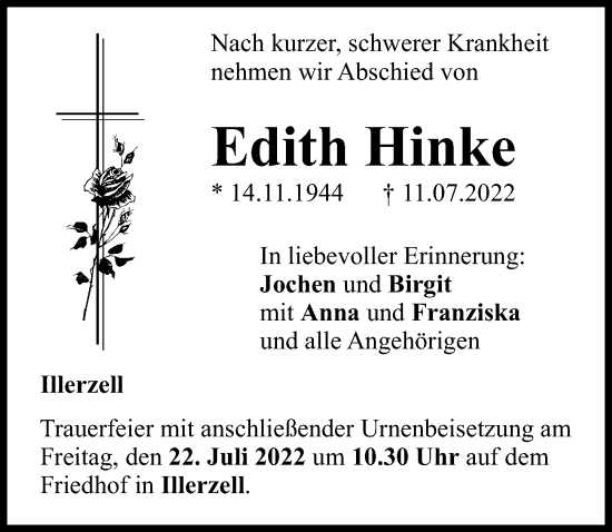 Traueranzeige von Edith Hinke von Neu-Ulmer Zeitung