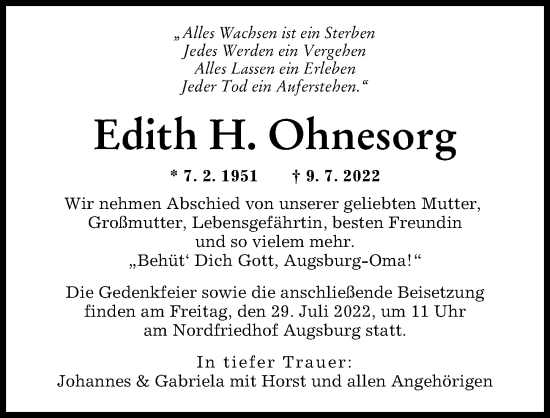 Traueranzeige von Edith H. Ohnesorg von Augsburger Allgemeine