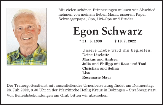 Traueranzeige von Egon Schwarz von Schwabmünchner Allgemeine