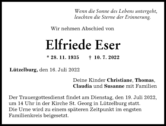 Traueranzeige von Elfriede Eser von Augsburg-Land