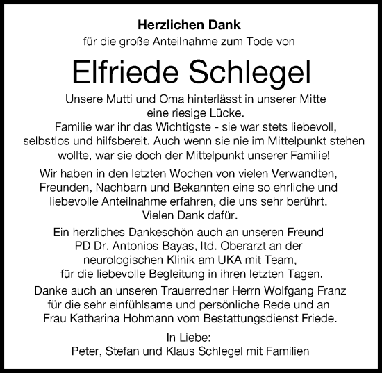 Traueranzeige von Elfriede Schlegel von Augsburger Allgemeine
