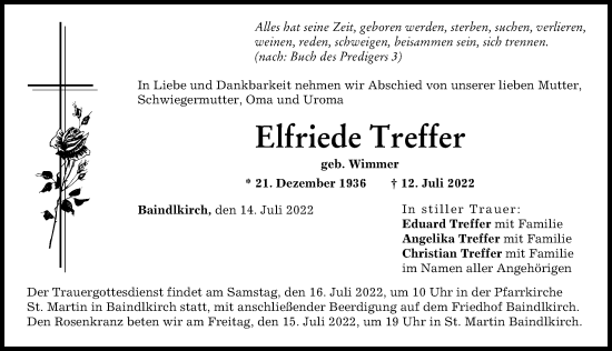 Traueranzeige von Elfriede Treffer von Friedberger Allgemeine