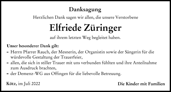 Traueranzeige von Elfriede Züringer von Günzburger Zeitung