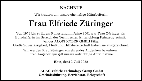 Traueranzeige von Elfriede Züringer von Günzburger Zeitung