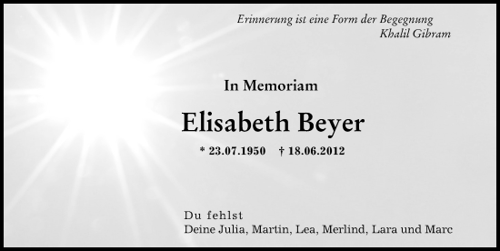 Traueranzeige von Elisabeth Beyer von Donau Zeitung