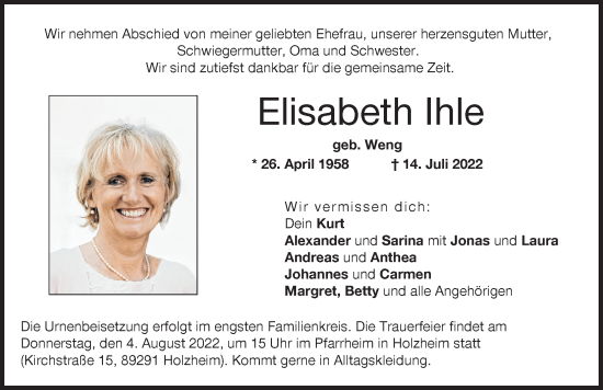 Traueranzeige von Elisabeth Ihle von Neu-Ulmer Zeitung