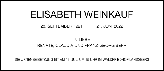 Traueranzeige von Elisabeth Weinkauf von Landsberger Tagblatt