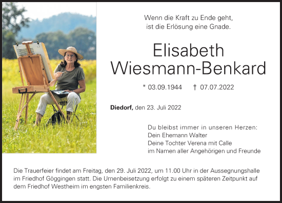 Traueranzeige von Elisabeth Wiesmann-Benkard von Augsburger Allgemeine