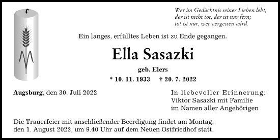 Traueranzeige von Ella Sasazki von Augsburger Allgemeine
