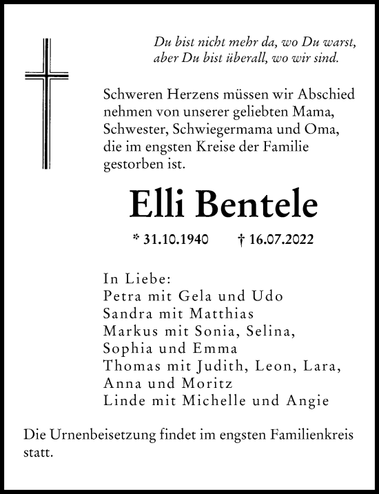 Traueranzeige von Elli Bentele von Illertisser Zeitung