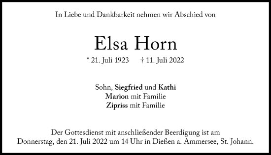 Traueranzeige von Elsa Horn von Ammersee Kurier