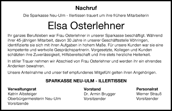 Traueranzeige von Elsa Osterlehner von Illertisser Zeitung