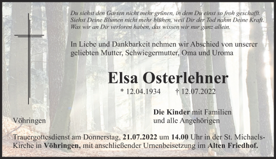 Traueranzeige von Elsa Osterlehner von Illertisser Zeitung