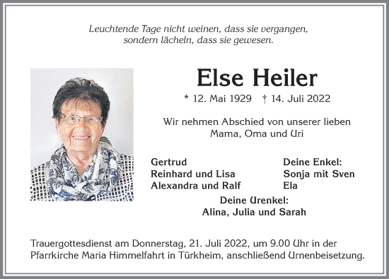 Traueranzeige von Else Heiler von Mindelheimer Zeitung