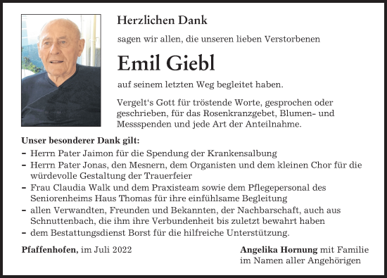 Traueranzeige von Emil Giebl von Günzburger Zeitung, Neu-Ulmer Zeitung