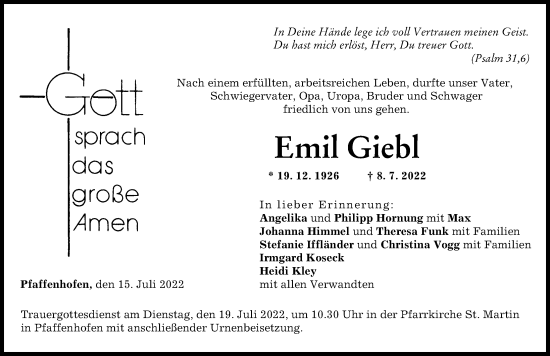 Traueranzeige von Emil Giebl von Günzburger Zeitung, Neu-Ulmer Zeitung