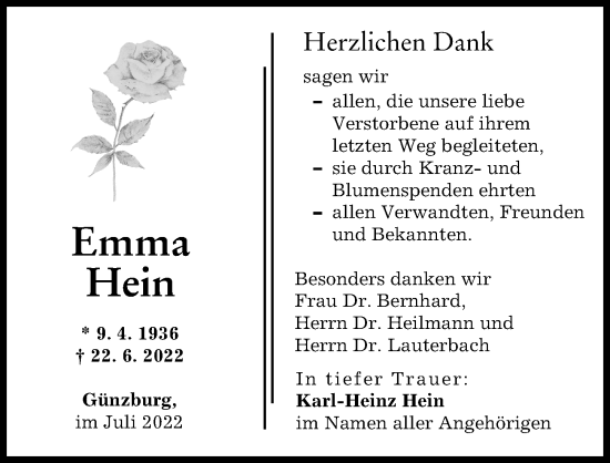 Traueranzeige von Emma Hein von Günzburger Zeitung
