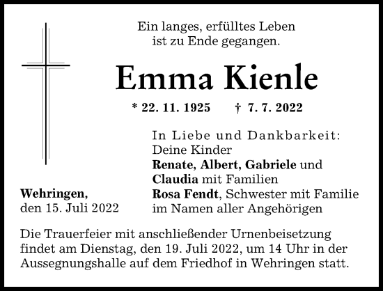 Traueranzeige von Emma Kienle von Schwabmünchner Allgemeine