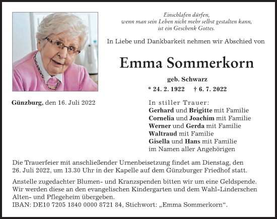 Traueranzeige von Emma Sommerkorn von Günzburger Zeitung